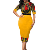 Purpdrank - Ladies Fashion Half Sleeve Dress Women Elegant Round Collar Geometric Printing Splicing Temperament Maxi Dress For Ball Party