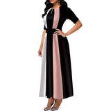 Purpdrank - Ladies Fashion Half Sleeve Dress Women Elegant Round Collar Geometric Printing Splicing Temperament Maxi Dress For Ball Party
