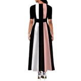 Purpdrank - Ladies Fashion Half Sleeve Dress Women Elegant Round Collar Geometric Printing Splicing Temperament Maxi Dress For Ball Party