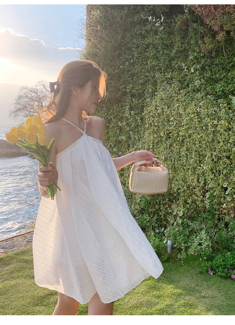 Purpdrank - Gentle White Dress Women Pleated Ball Gown Backless Skirt Strapless Hanging Neck Camisole Skirt One-Shoulder Skirt