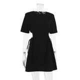 Purpdrank - Spring and Summer New Pure Cotton O-Neck Fashion A-Line Black Short-Sleeved Hollow Out Sexy Careful Pleated Mini Skirt