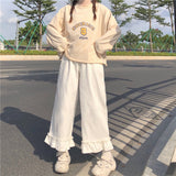 Purpdrank - Japanese Kawaii Soft Girl Women Pants Sweet Ruffled Basis Wild High Waist Loose Trousers Elastic Waist Casual Solid Student Pant