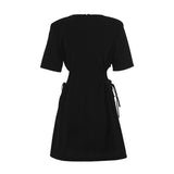 Purpdrank - Spring and Summer New Pure Cotton O-Neck Fashion A-Line Black Short-Sleeved Hollow Out Sexy Careful Pleated Mini Skirt