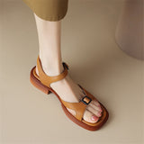 Purpdrank - 2023 NEW Summer Women Sandals Genuine Leather Chunky Heel Shoes Square Toe Low Heel Shoes for Women Cow Leather Shoes Handmade