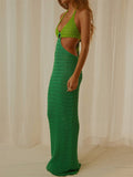 Purpdrank - Women Summer Long Beach Dress Party Vacation Hollow Out Sleeveless Deep V Halter Neck Knit Crochet Dress Backless Dress