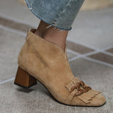 Purpdrank - New Autumn/Winter Women Boots Sheep Suade Square Toe Square Heel Mid-Heel Ankle Boots Fringed Zipper Fashion Office Lady Shoes