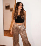 Purpdrank - Autumn New Women's Pants Solid Color Button Fly High Waist Straight Wide Leg Sequined Trousers Female Tide