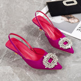 Purpdrank - Blue Women Pumps Silk Satin Pointy Toe Rhinestone Crystal High Heels Shoes Slip On Women Wedding Pumps Slingback Sandal Baotou