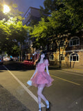 Purpdrank - Pink Floral Short Party Dress Sexy Lace Puff Fairy Kawaii Clothing Mini Dress Fashion Birthday Lolita Dress Women Summer 2023