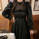 Purpdrank - Gothic Black Lace Dress Women Casual Elegant Party Midi Ruffle Long Sleeve Dress Emo Y2k Goth Clothes Spring Robes