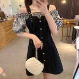 Purpdrank - Korean Style Casual Tank Dress Women Kpop Kawaii Puff Sleeve Short Dresses Summer Streetwear Patchwork