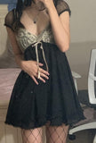 Purpdrank - Patchwork Lace Cute Y2K Chiffon Dresses Women Square Collar Elegant Grunge Fairycore Clothes Ruffles Short A Line Dress