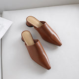 Purpdrank - 2023 Summer Women Sandals Genuine Leather Shoes for Women Pointed Toe Low Heel Women Sandals Cover Toe Chunky Heel Women's Mules