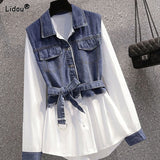 Purpdrank - Korean High Quality Denim Spliced Cotton Linen Single Breasted Women Shirt Mid-length Turn-down Collar Lace-up Bow Autumn Winter