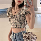 Purpdrank - Blouse Women Shirt Plaid Short Shirt Women's Puff Sleeve Short Shirt Summer Blusas Mujer