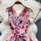 Purpdrank - Women Ruffled Dress Floral Backless Vacation Summer Sashes Zipper Sleeveless Ladies Print Long A Line Dresses