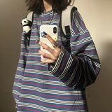 Purpdrank - Autumn tshirt Casual Letter Print O-Neck stripe Tees Creativity Loose T-Shirts Women Long Sleeve Oversize top Hip Hop Streetwear