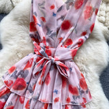 Purpdrank - Women Ruffled Dress Floral Backless Vacation Summer Sashes Zipper Sleeveless Ladies Print Long A Line Dresses