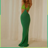 Purpdrank - Women Summer Long Beach Dress Party Vacation Hollow Out Sleeveless Deep V Halter Neck Knit Crochet Dress Backless Dress