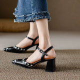 Purpdrank - Women Sandals Fashion Casual Office Ladies Thick Heels Genuine Leather Square Toe Slingbacks Shoes Woman 2023 Spring Summer New
