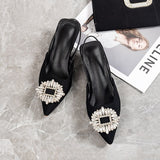 Purpdrank - Blue Women Pumps Silk Satin Pointy Toe Rhinestone Crystal High Heels Shoes Slip On Women Wedding Pumps Slingback Sandal Baotou