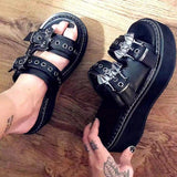 Purpdrank - Summer Women's All-match Casual Slippers Black Goth Punk Round Toe Platform Ladies Sandals Zapatillas De Mujer