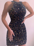 Purpdrank - Sexy Off Shoulder Sleeveless Slim Mini Party Dress Ladies Elegant Sequin Shiny O Neck Dress Summer Women Fashion Bag Hip Dresses