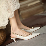 Purpdrank - 5cm New Fashion Sandals Leather Pointed Toe with Rivet Low Heels Ankle Wrap Wedding Women Shoes 38 39