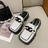 Purpdrank - Shoes Women's Sneakers Summer Platform New Leather Thick Sole Square Toe Rome Hoof Heels Low Slides Fabric Rubber Mules Sli