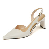 Purpdrank - Sexy Genuine Leather Women Slingbacks Sandals SmallHut Summer High Chunky Heels Sandal T-Strap Beige Yellow Ladies Party Shoes