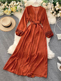 Purpdrank - Spring Autumn Women's Holiday Dress 2023 New Thin Chiffon Retro Print Lace-up Waist Slim Long Dress for Women