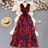 Purpdrank - Women Ruffled Dress Floral Backless Vacation Summer Sashes Zipper Sleeveless Ladies Print Long A Line Dresses