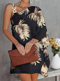 Purpdrank - Fashion Design One Shoulder Sleeve Loose Mini Dress Women Office Casual A-Line Dress Sexy Diagonal Neck Cutout Solid Party Dress