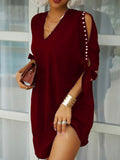 Purpdrank - Women Elegant V Neck Party Dress Summer Sexy Hollow Out Sleeved Loose Dresses Casual Solid Office Ladies Mini Dress Size S-5XL