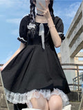 Purpdrank - Kawaii Gothic Lolita Dress Women Goth Harajuku Cute Lace Black Puff Sleeve Short Dresses School Jk Summer Girls