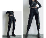 Purpdrank - Streetwear Cargo Pants Women Casual Joggers Black High Waist Loose Female Trousers Korean Style Ribbon Ladies Pants Dropshipping