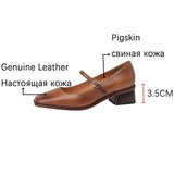 Purpdrank - New Genuine Leather Mary Jane shoes Women's Shoes Retro Buckle Shallow Heel Pumps Square Toe Shoes Woman Zapatos De Mujer