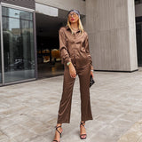 Purpdrank - Simplee Casual button loose women satin pants set green Office fashion long sleeve two piece sets High street pocket suit