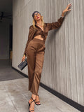 Purpdrank - Simplee Casual button loose women satin pants set green Office fashion long sleeve two piece sets High street pocket suit