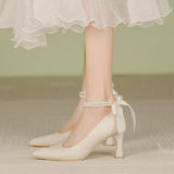 Purpdrank - Wedding Shoes Bride 2023 New Fashion Pearls Bow New Thick Heels Pumps Women Shoes Sexy Pointed Classic Elegant Party Shoes Lady