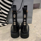 Purpdrank - Badge Buckle Leather Boots Women Slip on Chelsea Boots Platform Shoes Fashion Chunky Ankle Boots for Women Shoes Black