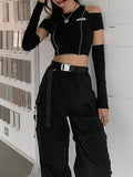 Purpdrank - E-girl Style Patchwork Black T-shirts Gothic Open Shoulder Sleeve Y2k Crop Tops Ruffles Hem Hip Hop Techwear Women Tee