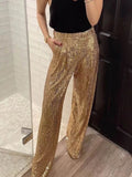 Purpdrank - Autumn New Women's Pants Solid Color Button Fly High Waist Straight Wide Leg Sequined Trousers Female Tide