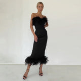 Purpdrank - Strapless Feather Evening Dresses Long Luxury Sweetheart Neckline Bodycon Midi Dress Elegant Formal Party Dresses White