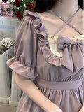 Purpdrank - Sweet Kawaii Lolita Dress Women Japanese Cute Ruffles Wrap Puff Sleeve Halter Short Dresses Summer Bow Soft Girls