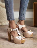 Purpdrank - Large Size Beige Heeled Sandals All-Match 2023 Women's Open Toe Female Shoe Big Black Block New Peep High Fashion Girls Comfort