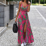 Purpdrank - Summer Sleeveless Sexy Backless Boho Dress Elegant V-Neck Slit Floral Print Sling Dress Women Fashion Beach Holiday Maxi Dresses
