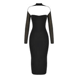 Purpdrank - New Mesh Transparent Women Dresses Double Layer Sexy Elegant Slim Bodycon Party Outfit Knee Length Pleated Evening Dress