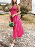 Purpdrank - Eleatic Smocking Green Cotton V Neck Summer Women's Dress Sleevless Long Green Maxi Casual Strapy Dress Solid Female