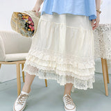 Purpdrank - Mori Girl Style Retro Pure Cotton Multi-layer Summer Lace Elastic Waist Loose Cake Skirt Lolita Petticoat Casual Midi Skirt Saia